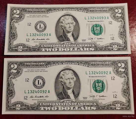 2 доллара 2009 г. Две банкноты одним лотом. Номера подряд. Продажа возможна по отдельности.