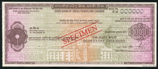 Дорожный чек 1000 рупий Образец Bank of India Индия