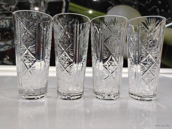 С 1 рубля. Винтажный Набор из 4-х стаканов с резным декором, хрусталь, алмазная грань, СССР, 1970-1980 гг.