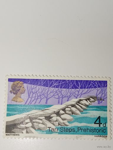 Великобритания 1968 На марке изображен "Тарр Степс" (Tarr Steps) - доисторический каменный мост через реку Барл в национальном парке Эксмур, Англия.