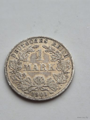 1 марка 1901 года. Германия. Вильгельм II. Серебро 900. Монета не чищена. 45434