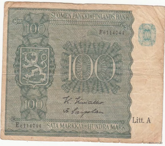 Финляндия 1945 год 100 марок VF Lit A серия E Не частая!