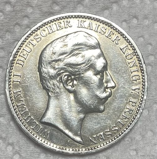 Монета 3 марки 1908 год. Пруссия. Германская империя. Вильгельм II