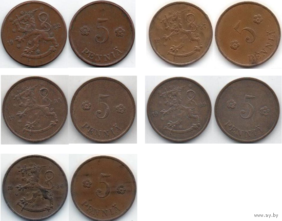 Финляндская Республика (Финляндия). 5 пенни 1922, 1934, 1936, 1937, 1938. Погодовка. Цена за одну монету.