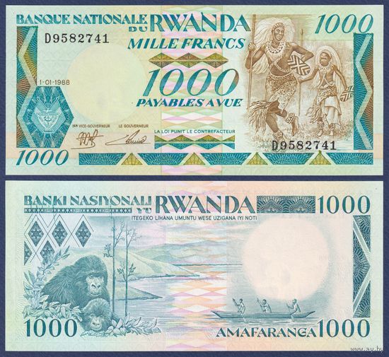 Руанда, 1000 франков 1988 г., P-21 (D, танцоры, гориллы), UNC