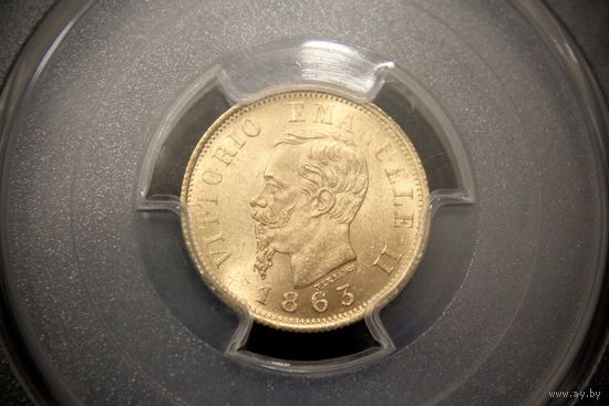 10 лир 1863 г. Италия, Виктор Эммануил II. PCGS MS63+