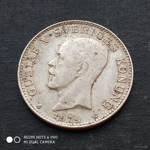 1 крона 1939 г. Густав  V. Серебро.