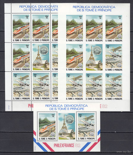 Авиация и железная дорога. Сан-Томе и Принсипе. 1982. 2 малых листа и 1 блок. Michel N 762-763, бл90 (174,0 е)