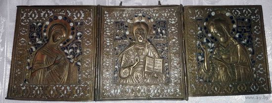 РЕДКИЙ Трехстворчатый складень [Деисус, 45х17 см] в эмалях