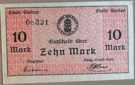 Германия 10 марок 1919 г Эмден (Emden) 131.05, #5 (встречается реже) UNC