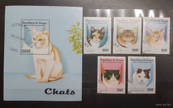 Республика Гвинея. 1998 год. Фауна. Кошки. Блок и 5 марок (765)