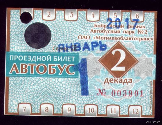 Проездной билет Бобруйск Автобус Январь 2 декада 2017