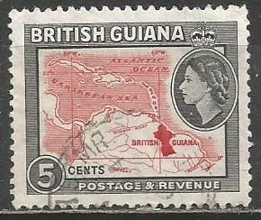 Британская Гвиана. Королева Елизавета II. Карта. 1954г. Mi#203.