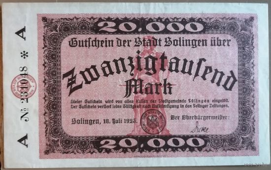 Германия 20000 марок 1923 г Золинген (Solingen) 4809а, серия "А", первый выпуск #6