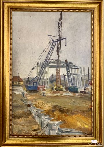 Плужник М.А;1962г;На стройке;32,5/49,5см;картон/масло