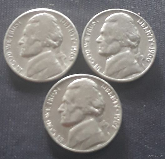5 центов  1965.1966.1967 без МД США Джеферсон 3 монеты