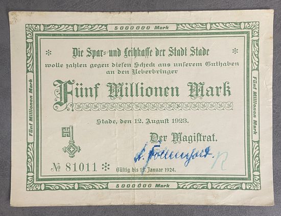 Банкнота 5 миллионов марок 1923 год. Магистрат Веймарская республика