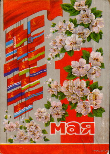 Подписанная открытка 1971г. "1 Мая. Яблоневый цвет и флаги республик" худ. И. Дергилев