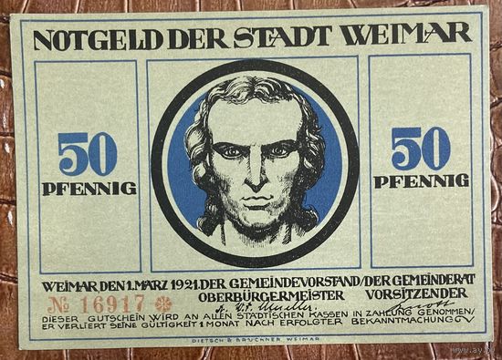 Нотгельд 50 пфеннигов 1921 год. Веймар,. Веймарская республика