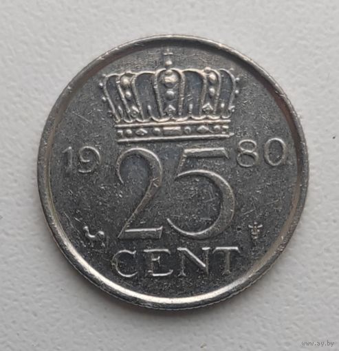 Нидерланды 25 центов, 1980_KM# 183_ отметки м. д. Петух и звезда