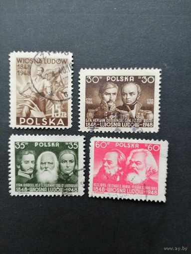 Польша 1948 Полная серия марок "100 лет революции 1848 года" (гашение без клея с наклейками) Mi.497-500 каталог 2.40 евро