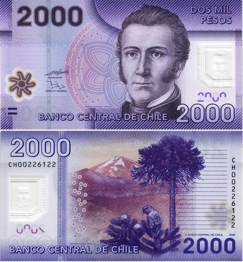Чили 2000 песо 2014 год UNC (полимер с голограммным портретом)
