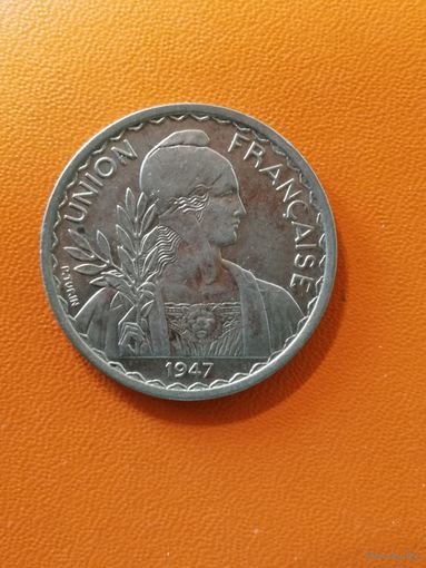 Французский Индокитай, 1 пиастр, 1947 год, KM# 32 (рубчатый гурт без узора)