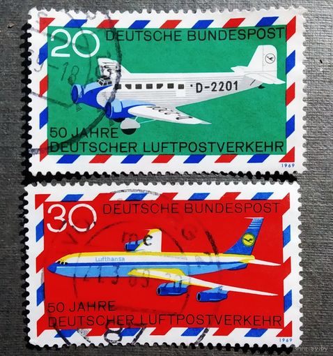 Марки Германия 1969 год 50 лет авиапочте Серия из 2-х марок