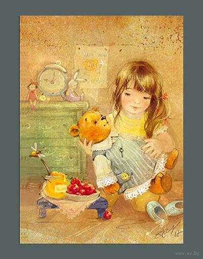 Открытка. Дети. Девочка. Мишка. Игрушки. Художник Ек. Бабок (чистая)