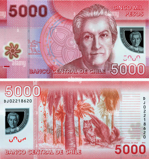 Чили 5000 песо 2014 год UNC (полимер с голограммным портретом)  Номер банкноты DA4050865