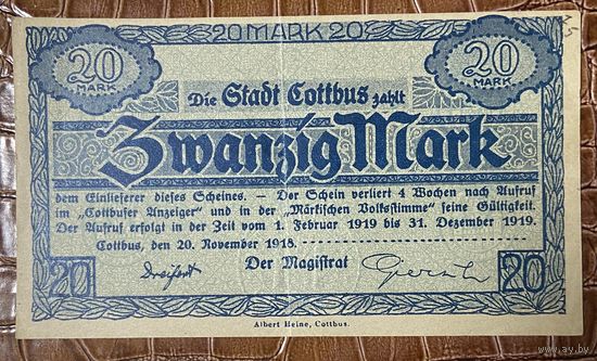 Банкнота 20 марок 1919 год. Котбус. Веймарская республика