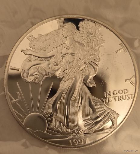 С рубля без мц! 1 доллар 1997 США шагающая свобода proof унция серебра