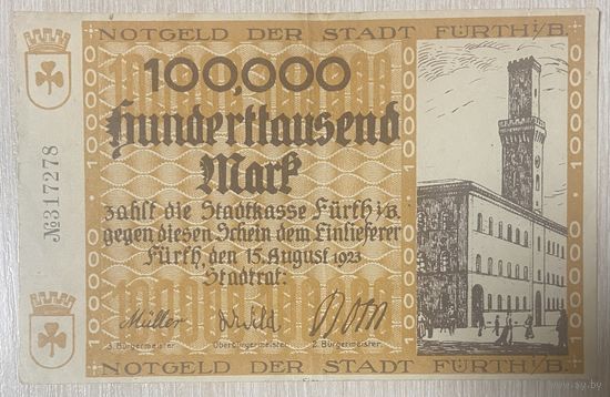 Банкнота 100000 марок 1923 год. Фюрт. Веймарская республика.