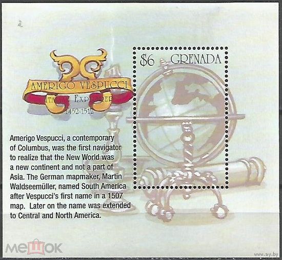 Гренада 550 лет  Америго Веспуччи 1452-1512 Америка Карта 2002  MNH