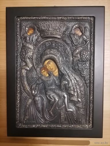 Копия византийской иконы в окладе. Богородица с младенцем Иисусом.
