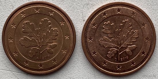 Германия 2 евроцента 2019 г. A, D. Цена за 1 шт.