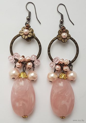 Серьги, длина 9 см, под розовый кварц.