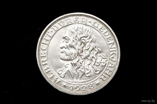 3 марки (рейхсмарки) 1928 г. Веймарская республика (Германия), Пауль фон Гинденбург. " 400 лет со дня смерти Альбрехта Дюрера". Штемпельный блеск!