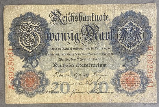 Банкнота 20 марок 1908 год. Германская империя.