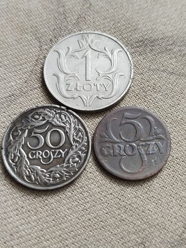 Распродажа - 5 грошей 1923г.,50 грошей 1923г,1 злотый 1929г,ПОЛЬША