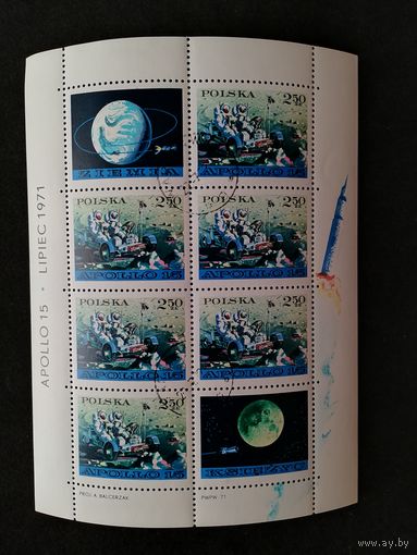 Польша 1971 Блок Mi.48 с 6 марками и 2 купонами "Американский космический корабль "Апполон 15"" (гашение с клеем) Mi.2123 каталог 5.00 евро