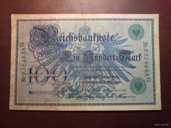 Германия 1908 г.100 марок .Зеленая печать.Серия: Nr9354688G.