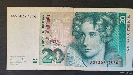 ТОРГ! 20 дойчмарок 1991! ФРГ! Серия AS! ВОЗМОЖЕН ОБМЕН!