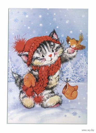 Открытка. С новым годом! Ёлочка. Фауна. Животные. Котики. Серый котенок. Варежка, рукавичка, птичка. . Худ. Е. Фаенкова (чистая)