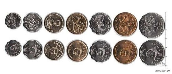 Свазиленд (Эсватини) набор монет 5, 10, 20, 50 центов; 1, 2, 5 лилангени, UNC. Сторгуй за свою цену, предложи обмен!