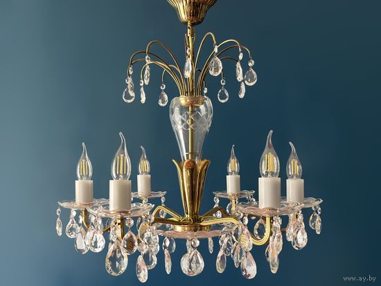 Люстра латунь хрусталь Kamenicky Senov Чехословакия 63х60см