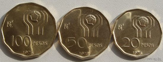 Аргентина. набор 3 монеты 20, 50, 100 песо 1978 год  "Футбол"