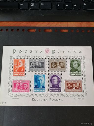 Польша 1948 Блок MI.10 с марками "Выдающиеся деятели культуры и науки Польши" (чистый с клеем, сзади слева вверху есть узкое место, внизу слева след большой наклейки)Mi.486ABCDEFGH каталог 260.00 евро