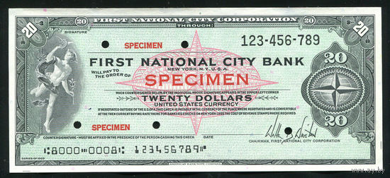 Дорожный чек Образец 20 долларов Сити Банк США First National City Bank