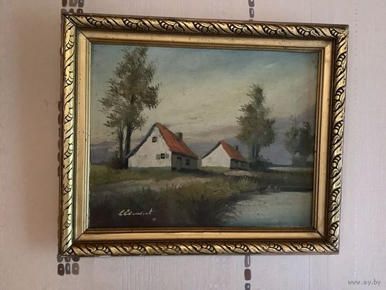 Картина Пейзаж с золотой раме масло холст Европа антик